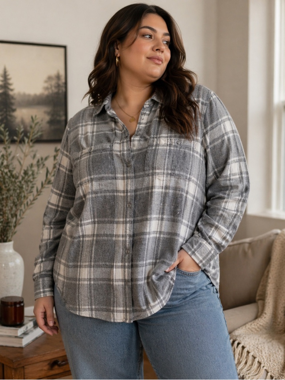 Croft & Barrow Plaid Flannel Shirt Gray White 100% Cotton Button Down Fits XXL